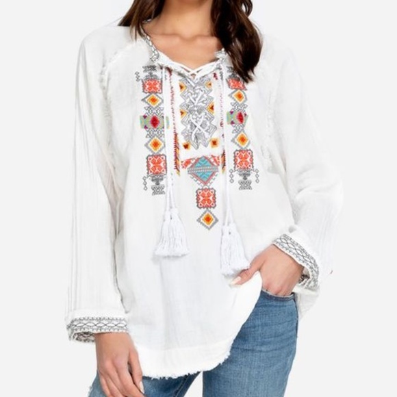 Johnny Was Tops - Johnny Was Embroidered Lace Up Tunic Top